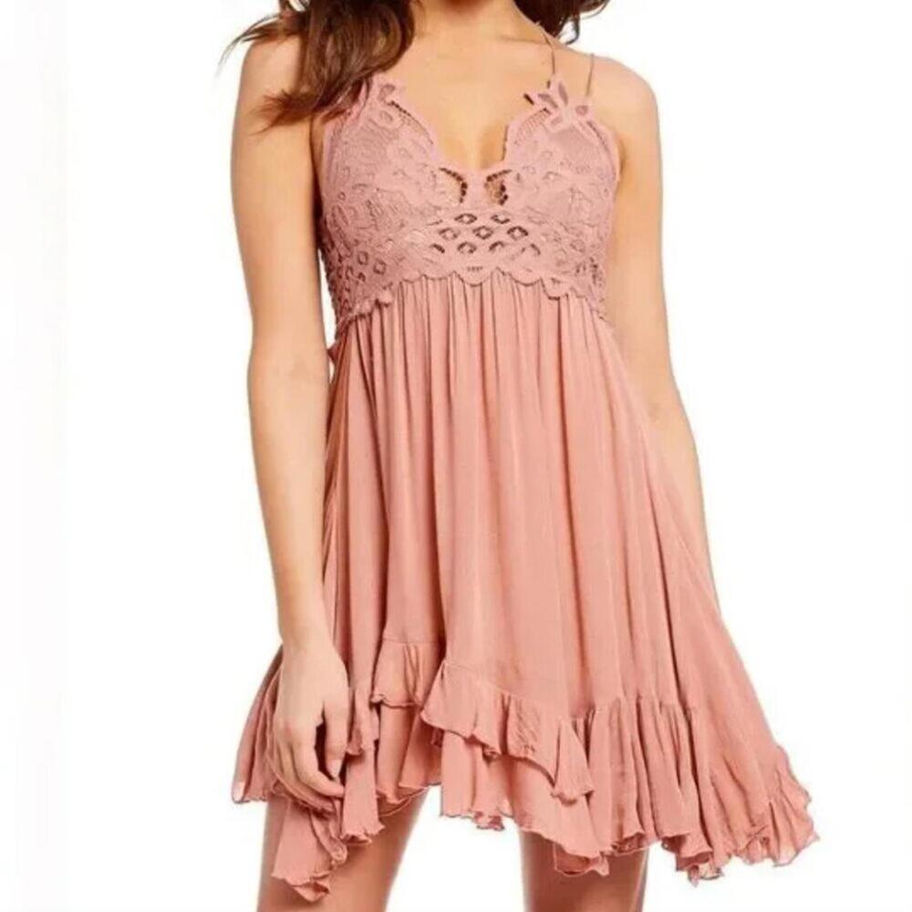Free People Adella Rose Pink Lace Slip Mini Dress Boho NWT Size S
